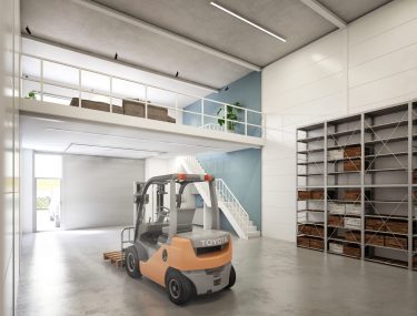 Ontwerp bedrijfsunit binnenkant met kleine heftruck